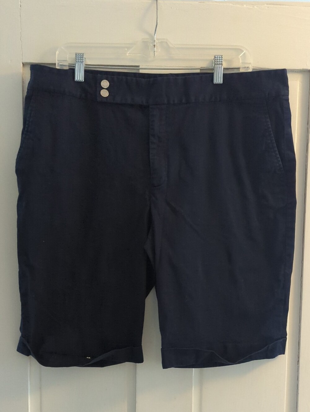 Chaps Navy Flat-Front Women's Shorts with Double Button Waist